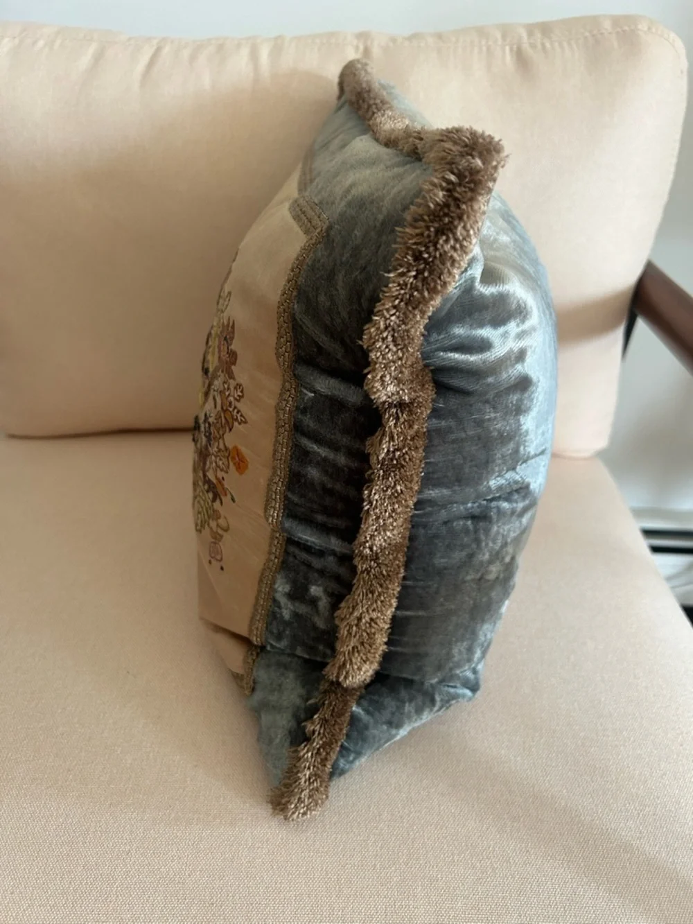 Vintage Rare Tree of Life Velvet Pillow with Antique Embroidered Appliqué